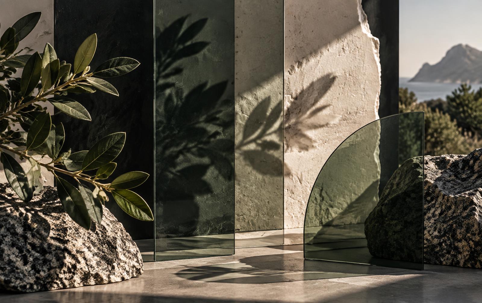 Composition de verre, de granit et de végétation corse